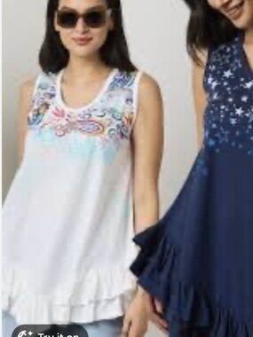 NWT DG2 Size L Large Diane Gilman White Ruffle Paisley Tank